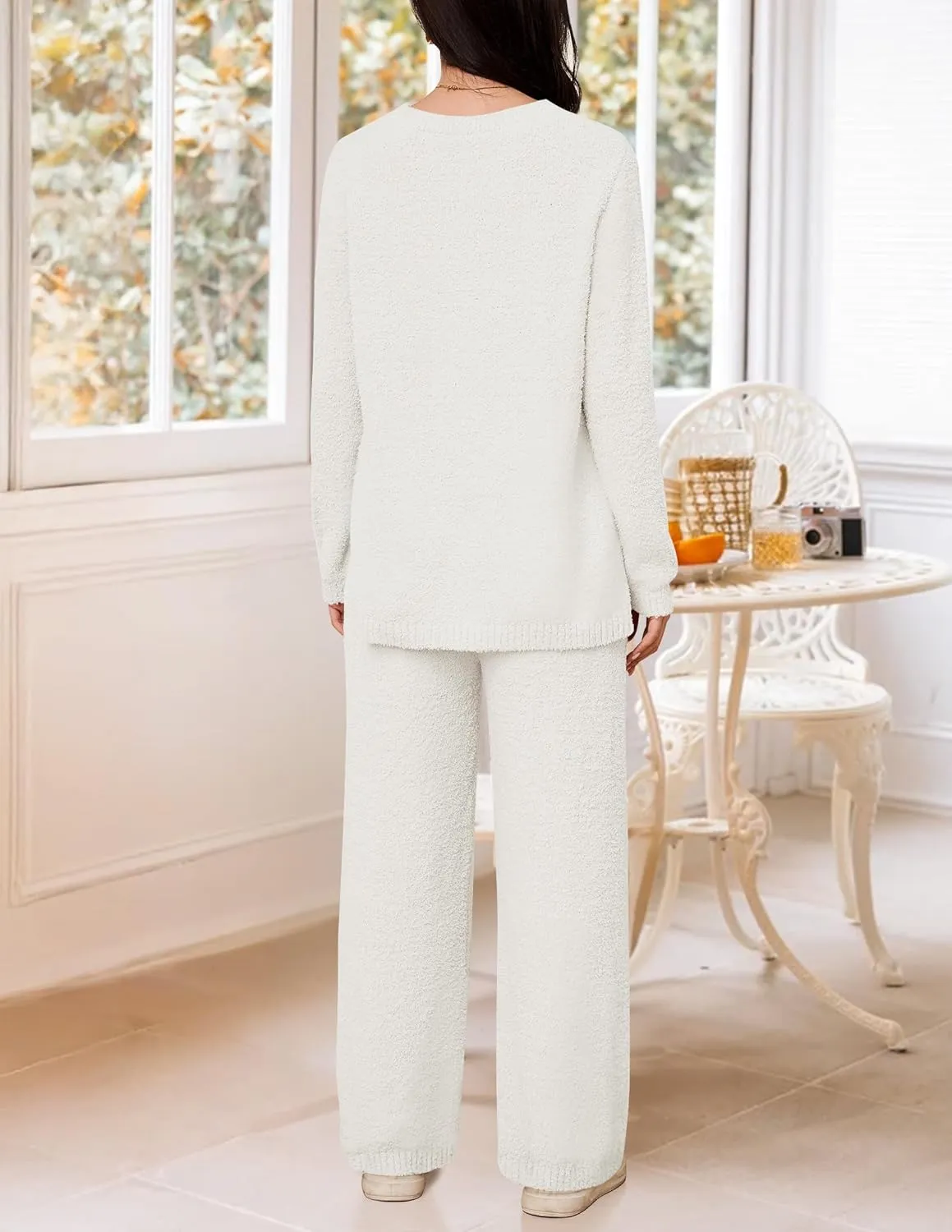 NENONA Women's Fuzzy Fleece Lounge Sets 2 Piece Loungewear Outfits Oversized Tunic Sweater Wide Leg Pants Pajama Sets
