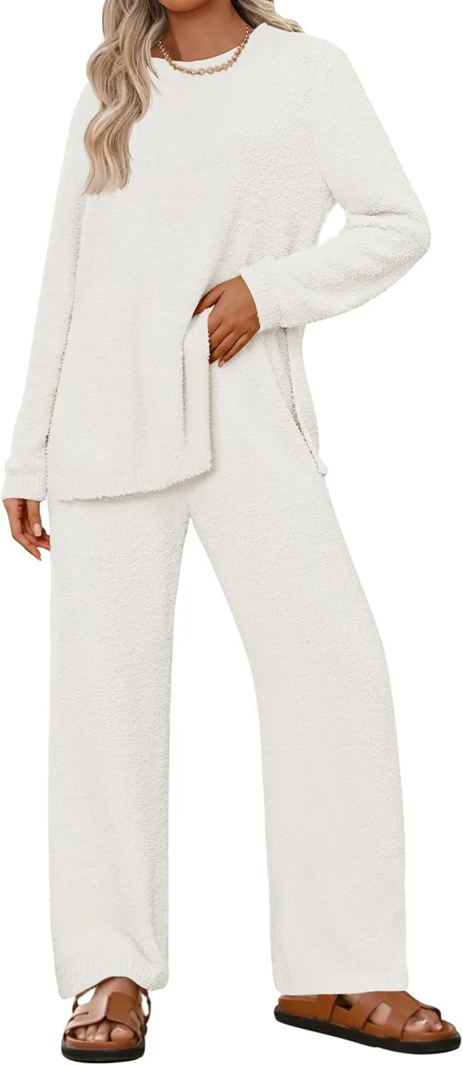 NENONA Women's Fuzzy Fleece Lounge Sets 2 Piece Loungewear Outfits Oversized Tunic Sweater Wide Leg Pants Pajama Sets