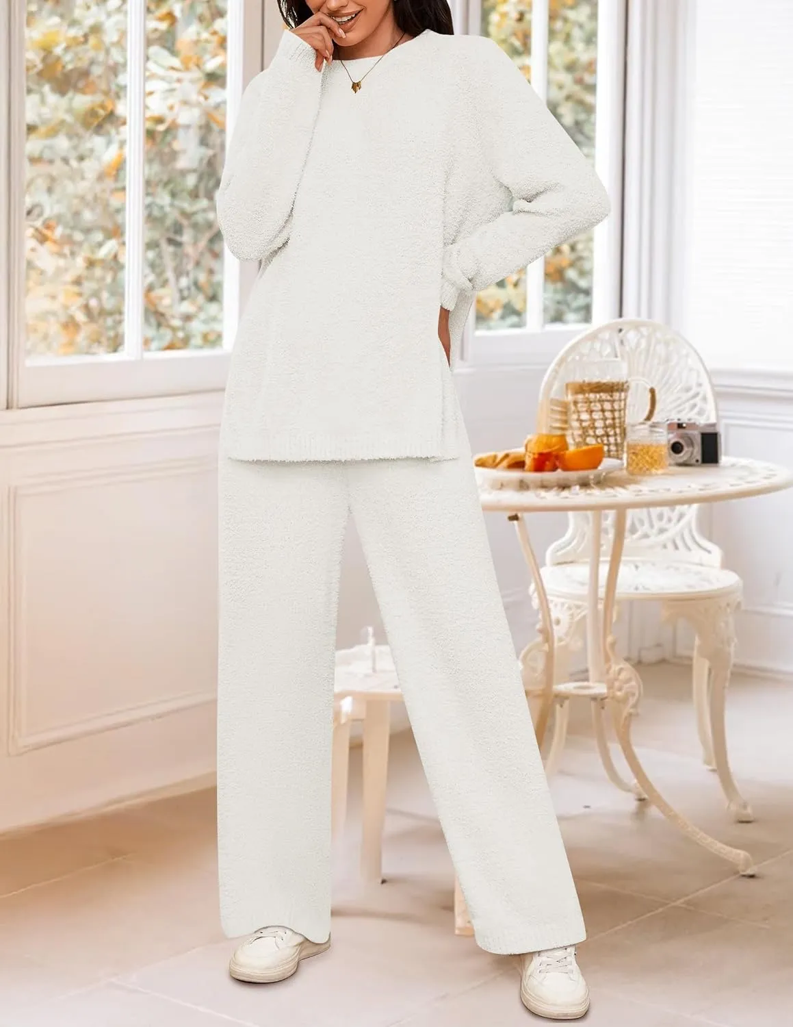 NENONA Women's Fuzzy Fleece Lounge Sets 2 Piece Loungewear Outfits Oversized Tunic Sweater Wide Leg Pants Pajama Sets