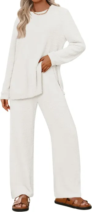 NENONA Women's Fuzzy Fleece Lounge Sets 2 Piece Loungewear Outfits Oversized Tunic Sweater Wide Leg Pants Pajama Sets