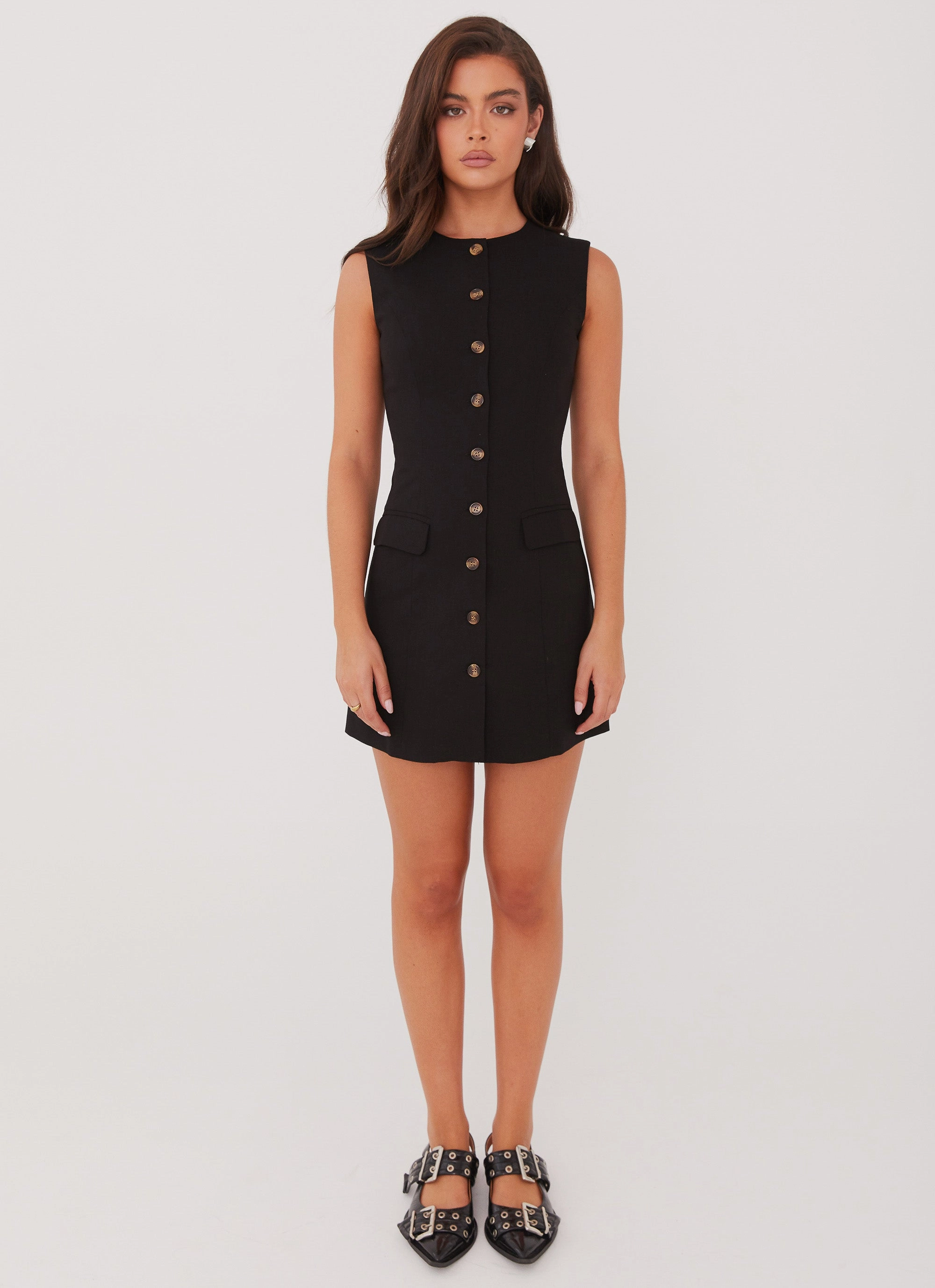 Castello Fiore Linen Mini Dress - Black Elastic-Waist Soft and Smooth