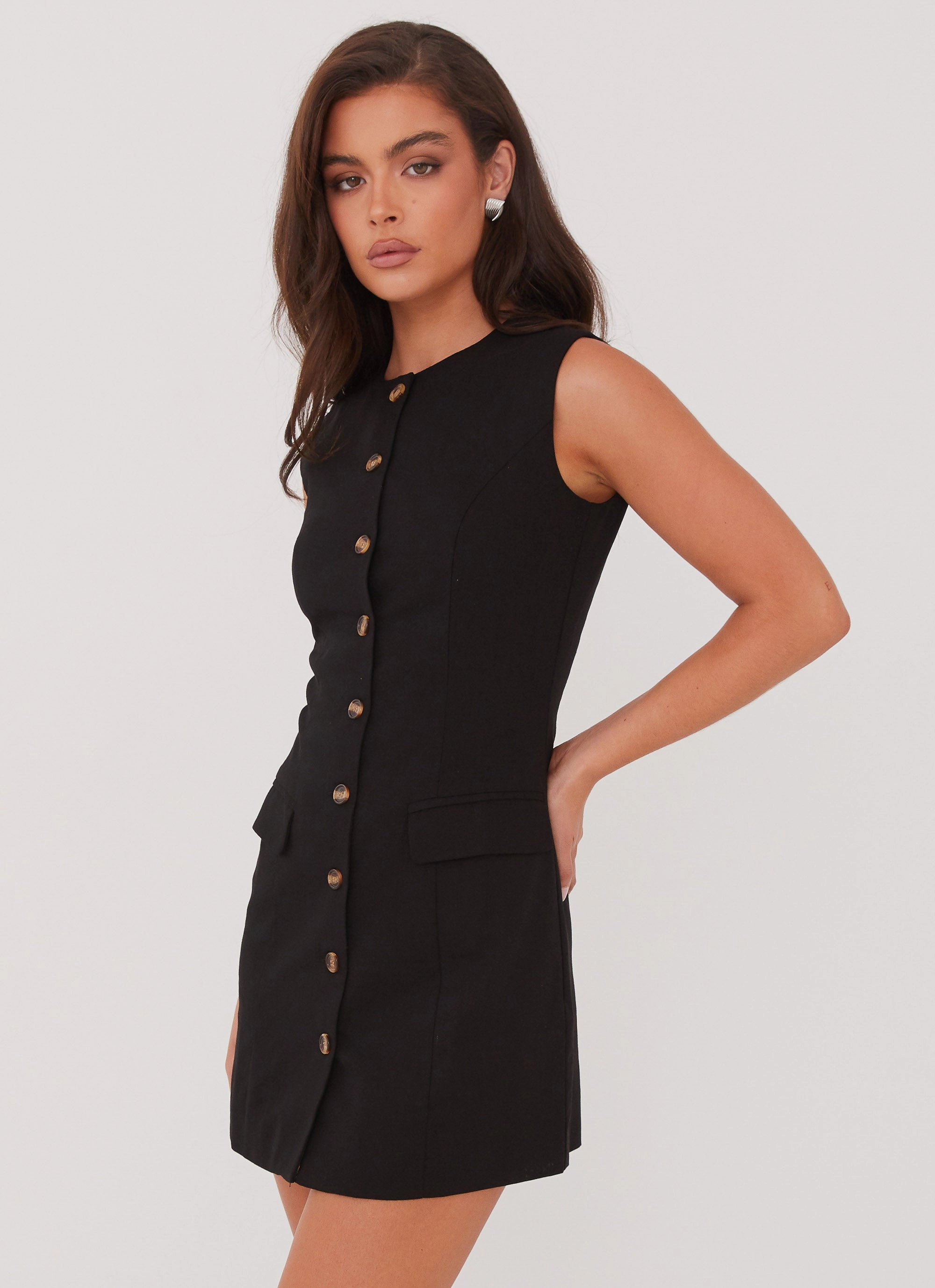 Castello Fiore Linen Mini Dress - Black Cozy Drape Nordic Plain