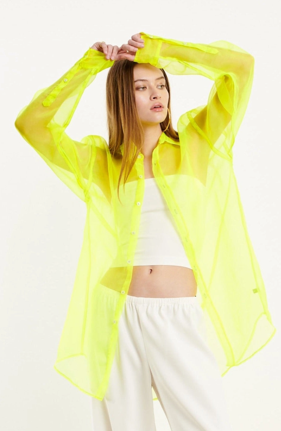 Raglan Sleeve ReflectiveAccents Neon Silk Organza Oversized Shirt
