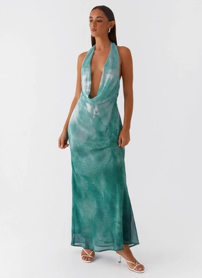 Relaxed Style Pearl-Detail Nerissa Cowl Neck Maxi Dress - Green Tie Dye