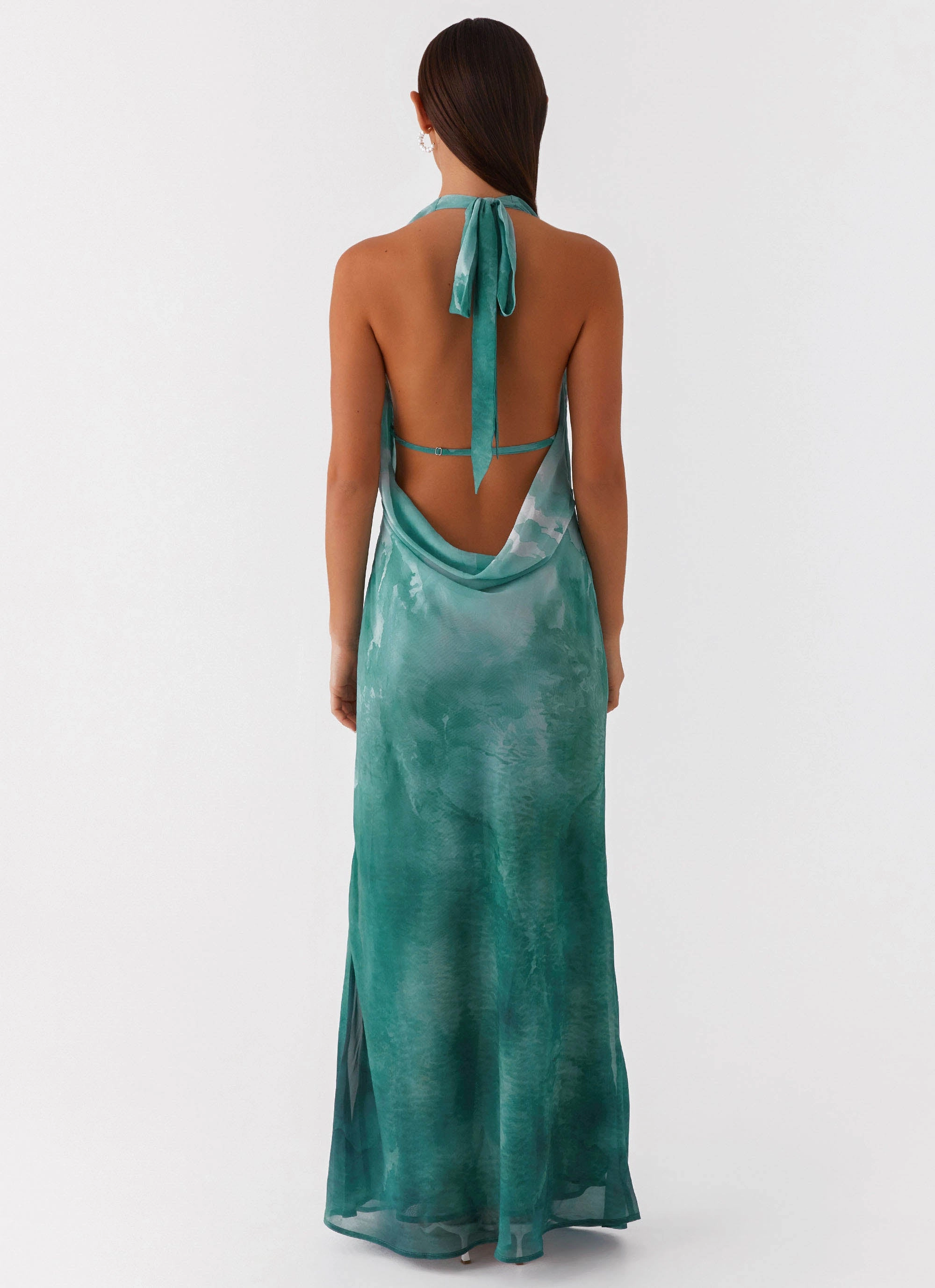 Nerissa Cowl Neck Maxi Dress - Green Tie Dye DoubleLayeredMaterial Draped Silhouette