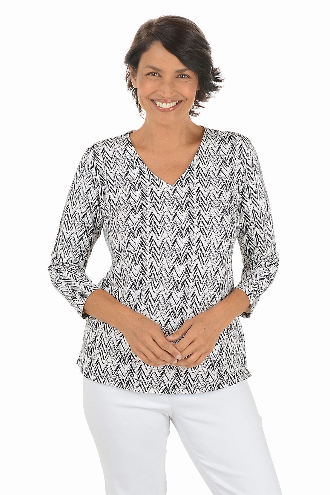 Neutral Chevron UPF50  V-Neck Top Sustainable Textile