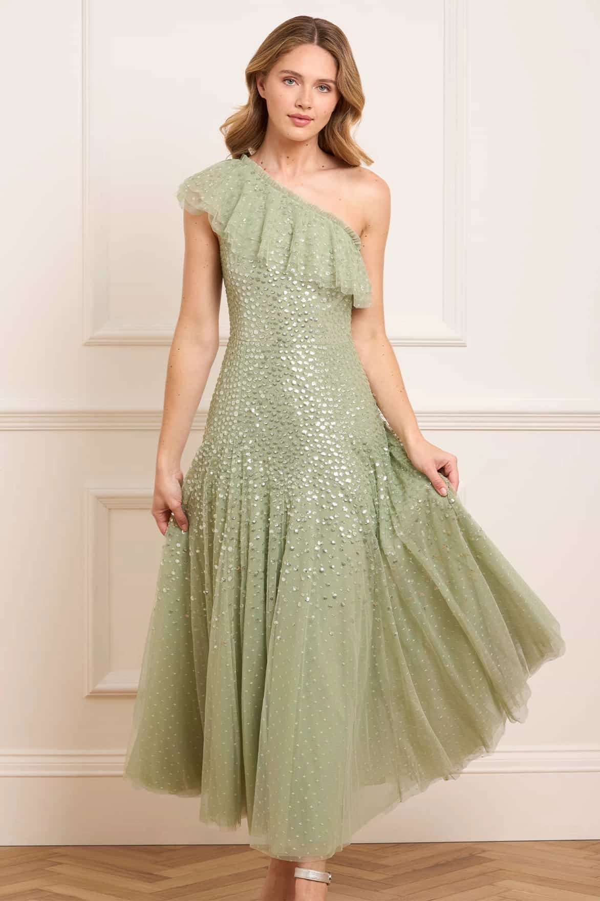 Dappled Sequin One-Shoulder Ankle Gown Art-Gallery