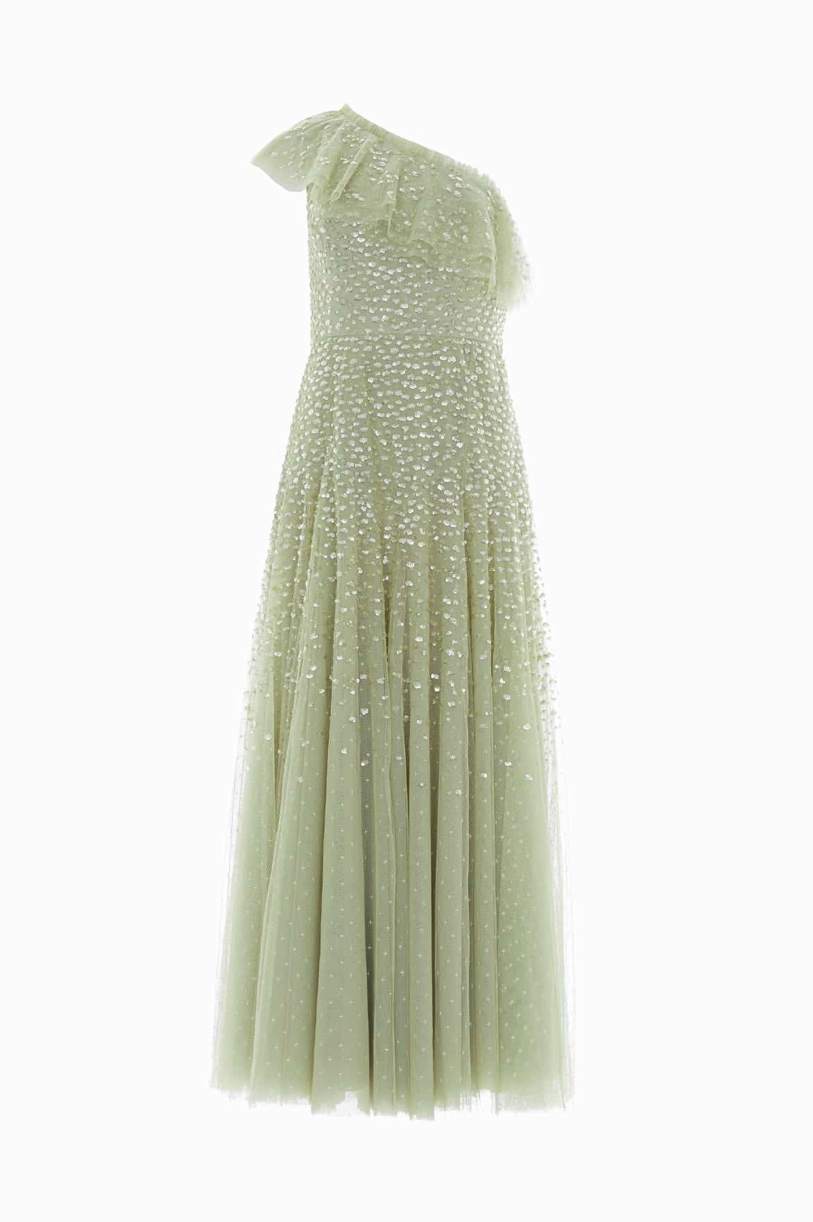 Japan Line Travel piece Dappled Sequin One-Shoulder Ankle Gown
