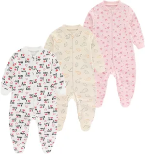 Newborn Baby Boy Girl Cotton Bodysuit Unisex Infant Zipper Long Sleeve Jumpsuit 3-Pack Outfits Clothes,0-12Months