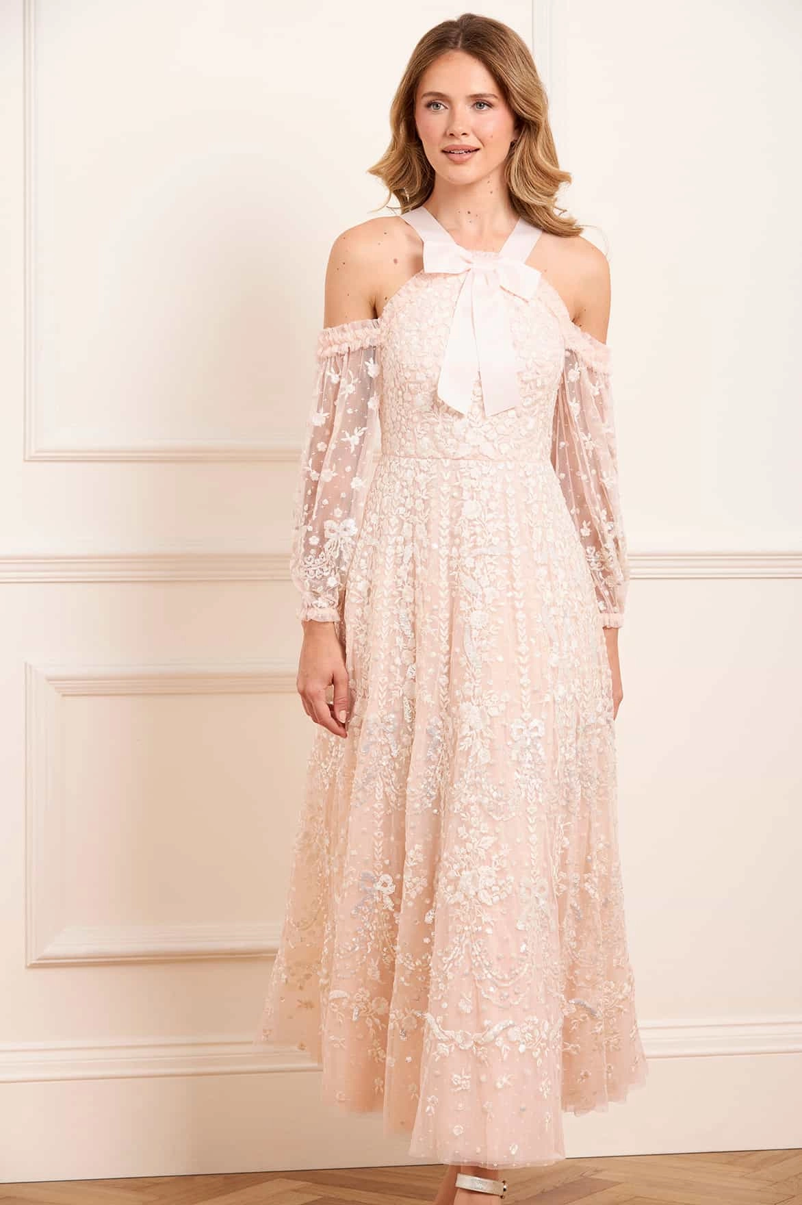 Wedding-Guest Adeline Off-Shoulder Ankle Gown