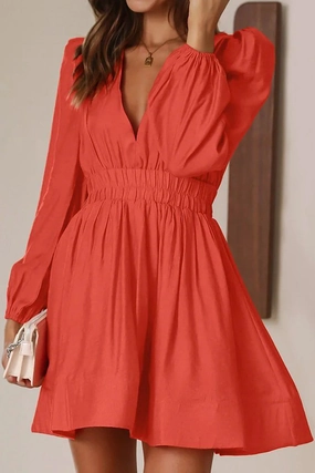 WOMEN SEXY DEEP V NECK LONG SLEEVE MINI DRESS Air Touch
