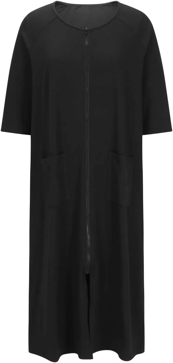 Nightgown House Dress for Women 3/4 Sleeve Zip Up Robe Long Lounge Dress Side Split House Coat Sleepwear with Pocket