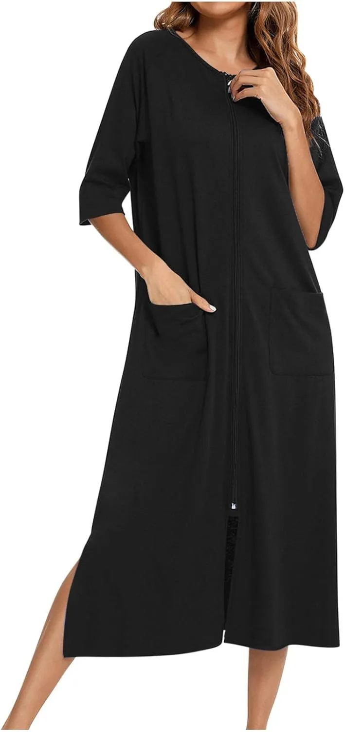 Nightgown House Dress for Women 3/4 Sleeve Zip Up Robe Long Lounge Dress Side Split House Coat Sleepwear with Pocket