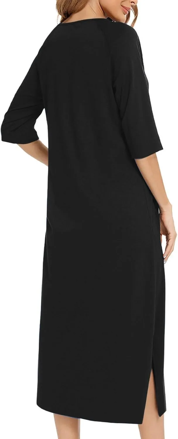 Nightgown House Dress for Women 3/4 Sleeve Zip Up Robe Long Lounge Dress Side Split House Coat Sleepwear with Pocket