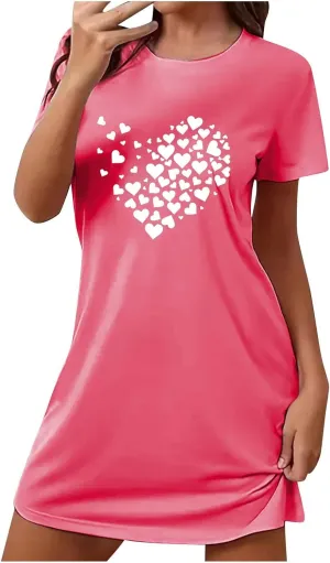 Nightgowns for Women Loose Crewneck Nightshirt Short Sleeve Soft Sleepwear Heart Print Summer Short Tshirt Dress