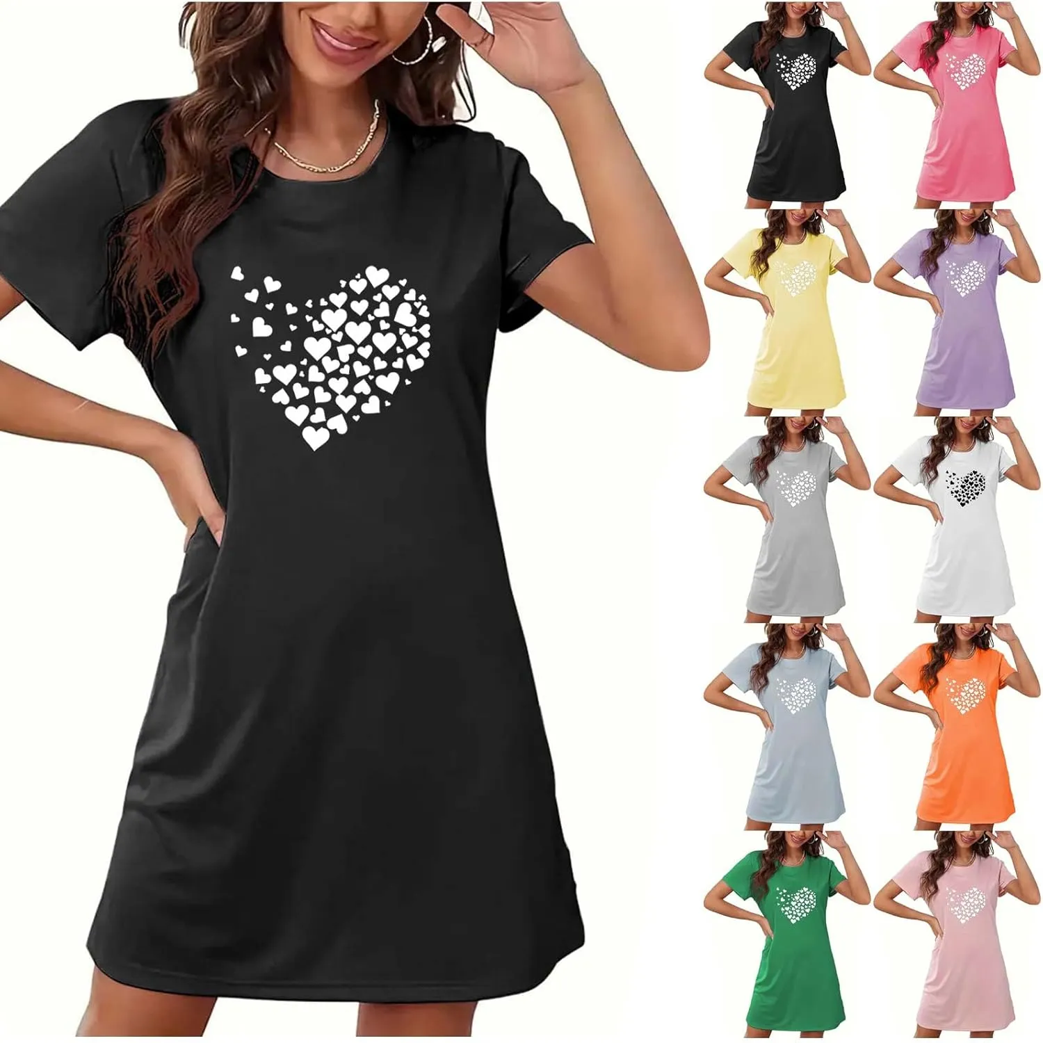 Nightgowns for Women Loose Crewneck Nightshirt Short Sleeve Soft Sleepwear Heart Print Summer Short Tshirt Dress