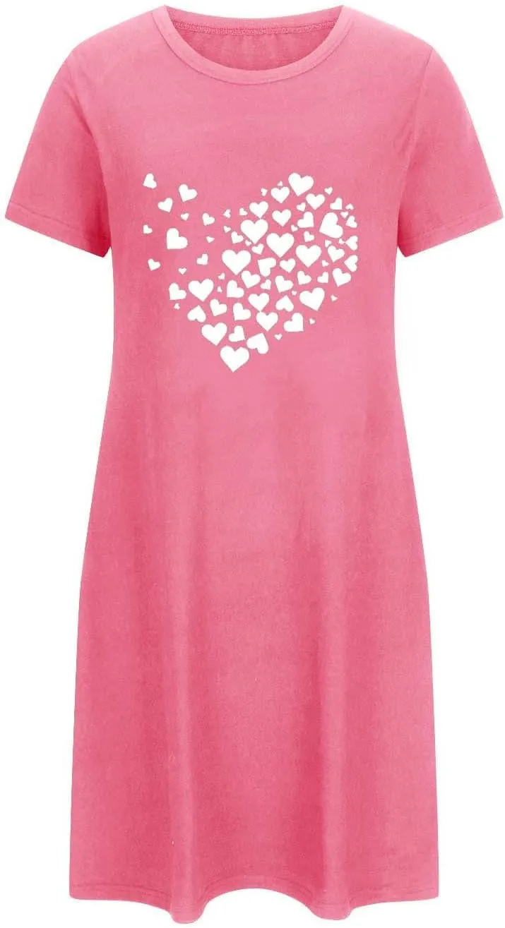 Nightgowns for Women Loose Crewneck Nightshirt Short Sleeve Soft Sleepwear Heart Print Summer Short Tshirt Dress