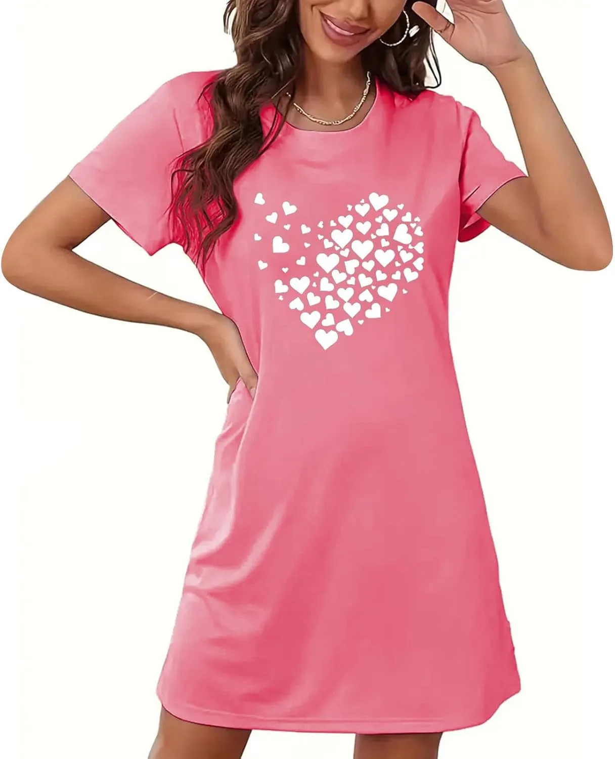 Nightgowns for Women Loose Crewneck Nightshirt Short Sleeve Soft Sleepwear Heart Print Summer Short Tshirt Dress