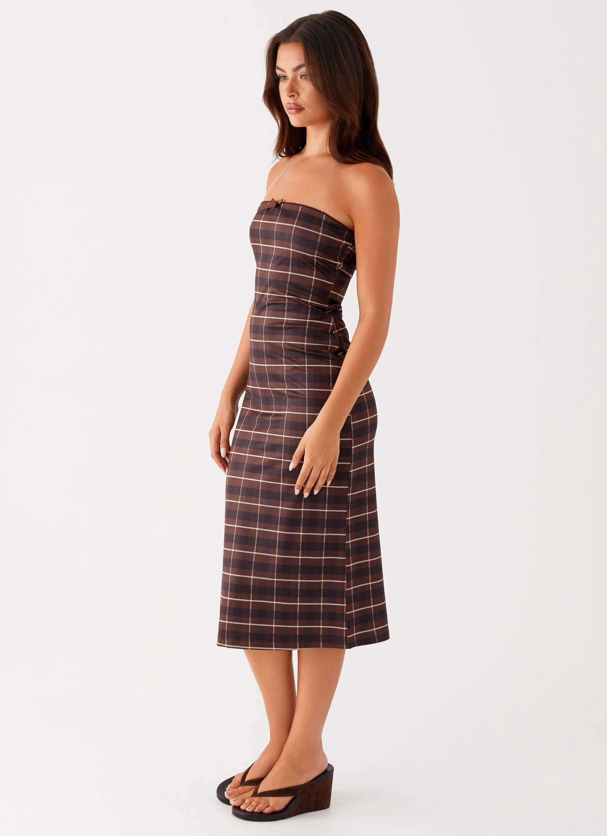 Niko Strapless Midi Dress - Brown Black Check Resort Vibes