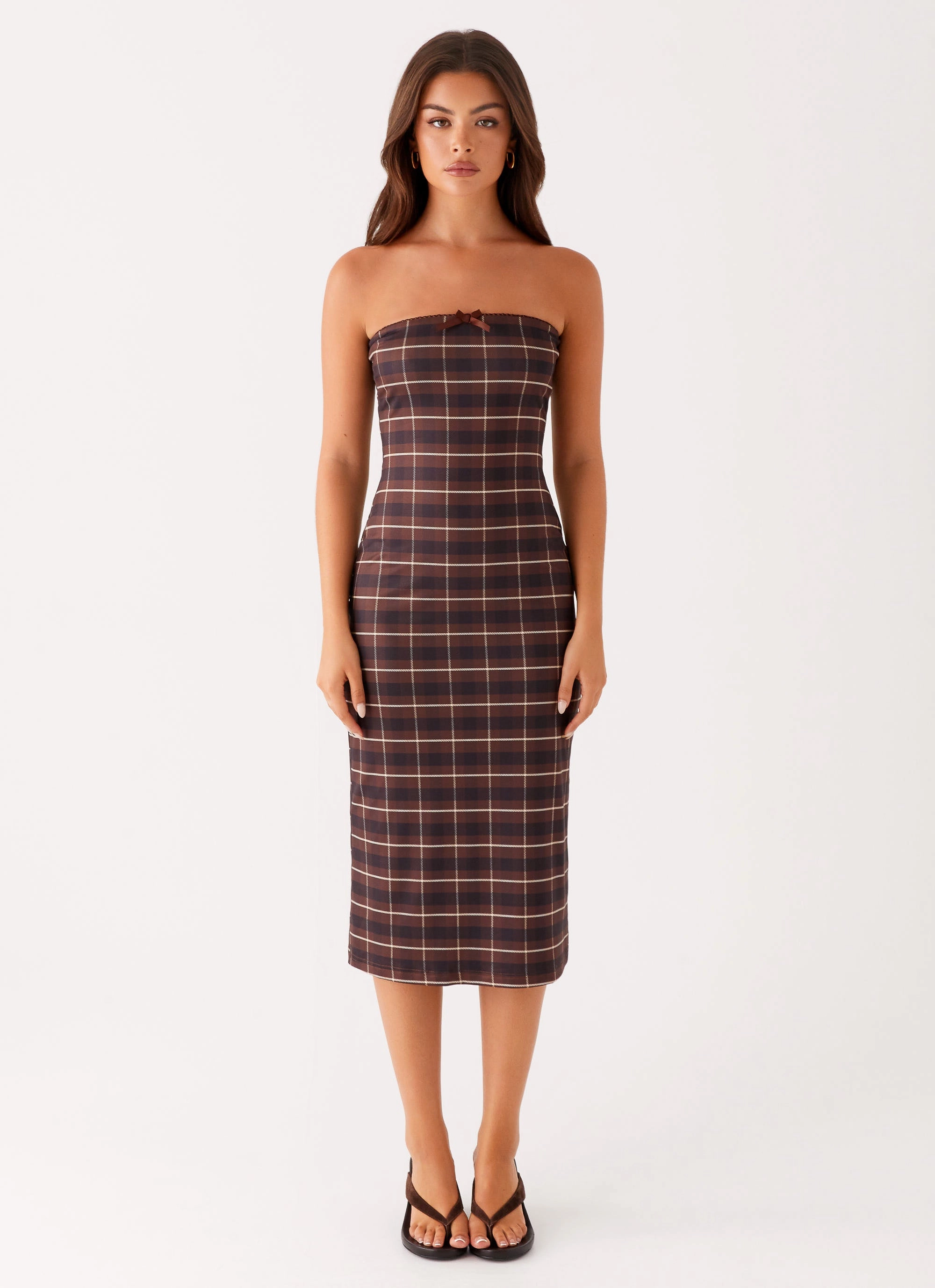 Niko Strapless Midi Dress - Brown Black Check Layered Volume Date-Night