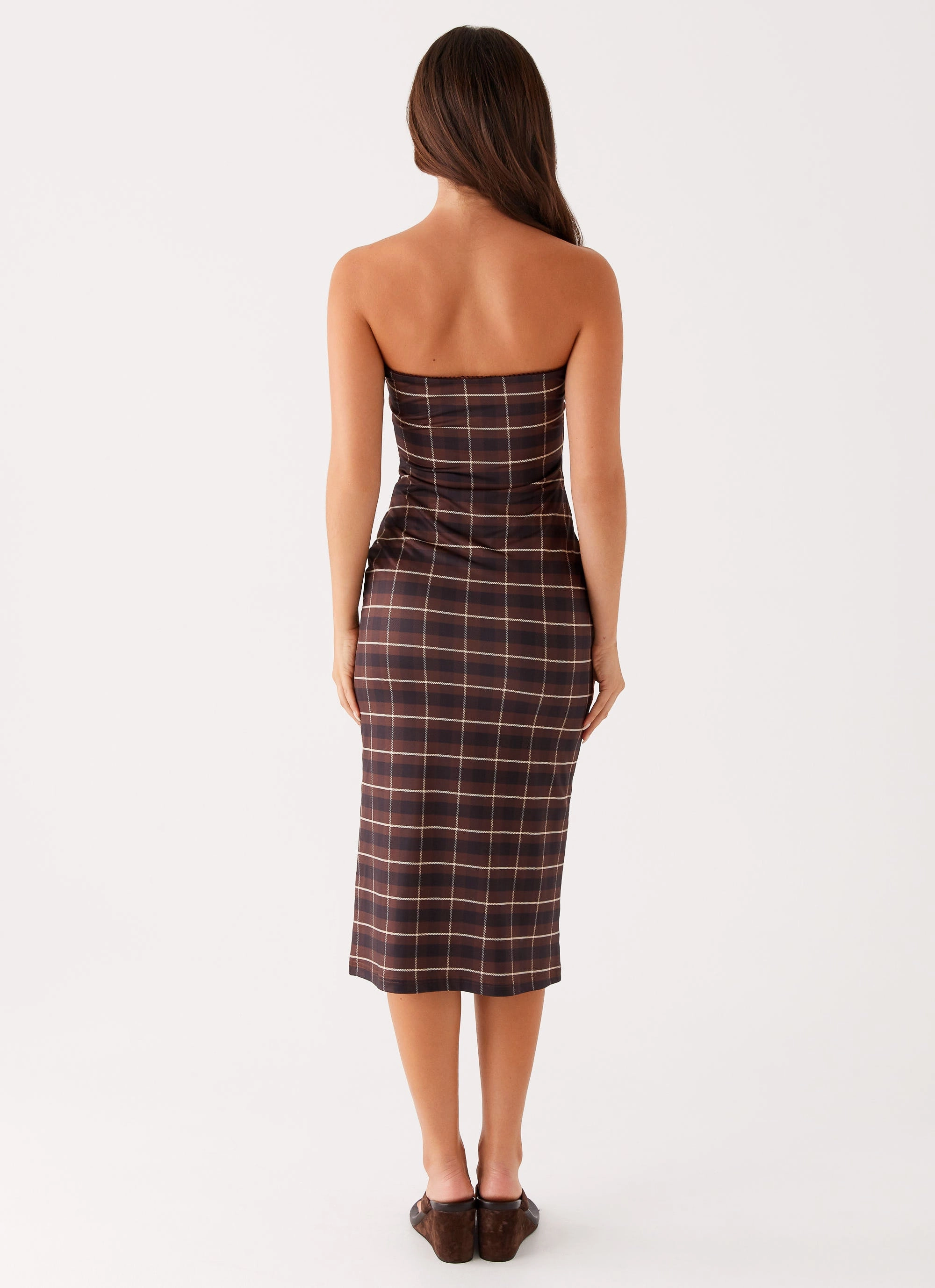 Luxury Feel Off-Shoulder Niko Strapless Midi Dress - Brown Black Check