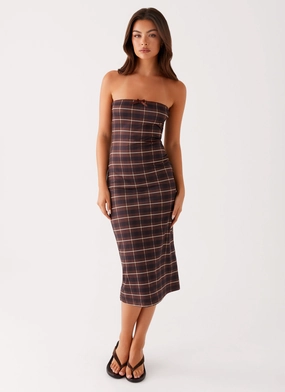 Niko Strapless Midi Dress - Brown Black Check Trendy Vibe Ruffle Detail