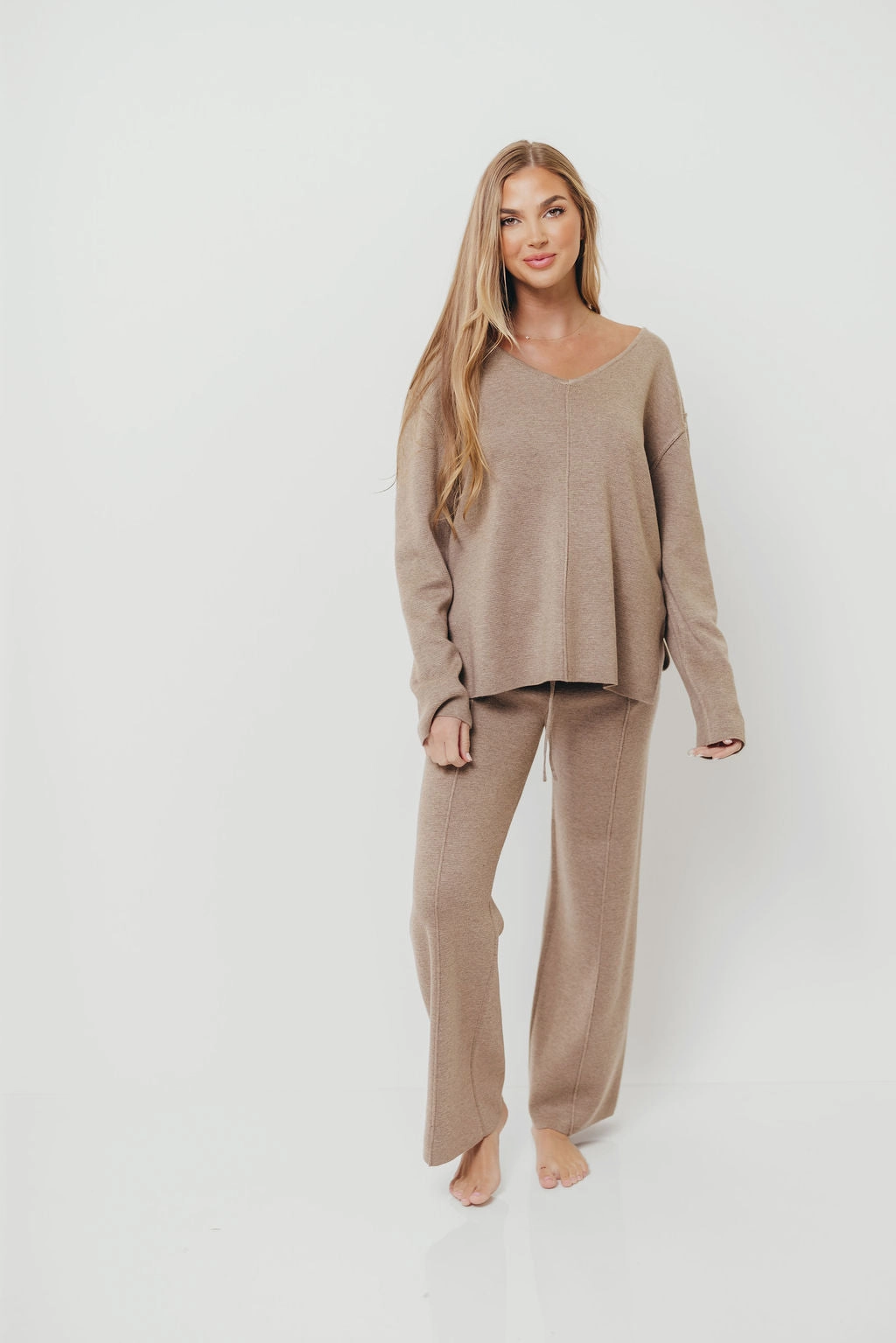 Grace Lounge Sweater in Taupe Soft Touch Ribbed Knit Fabric