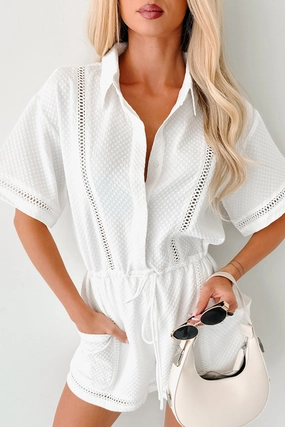 No Surprises Drawstring Waist Romper (White) WrinkleFreeFabric