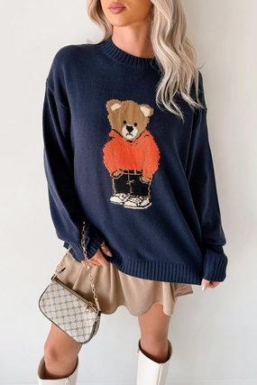 Dimming Lights Cable Knit Bear Sweater (Navy) UltravioletProtectionFabric