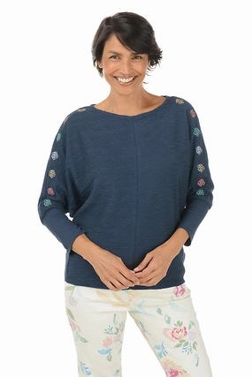 Rose Embroidered Batwing Sleeve Sweater Multipanel Construction CollapsibleFrame