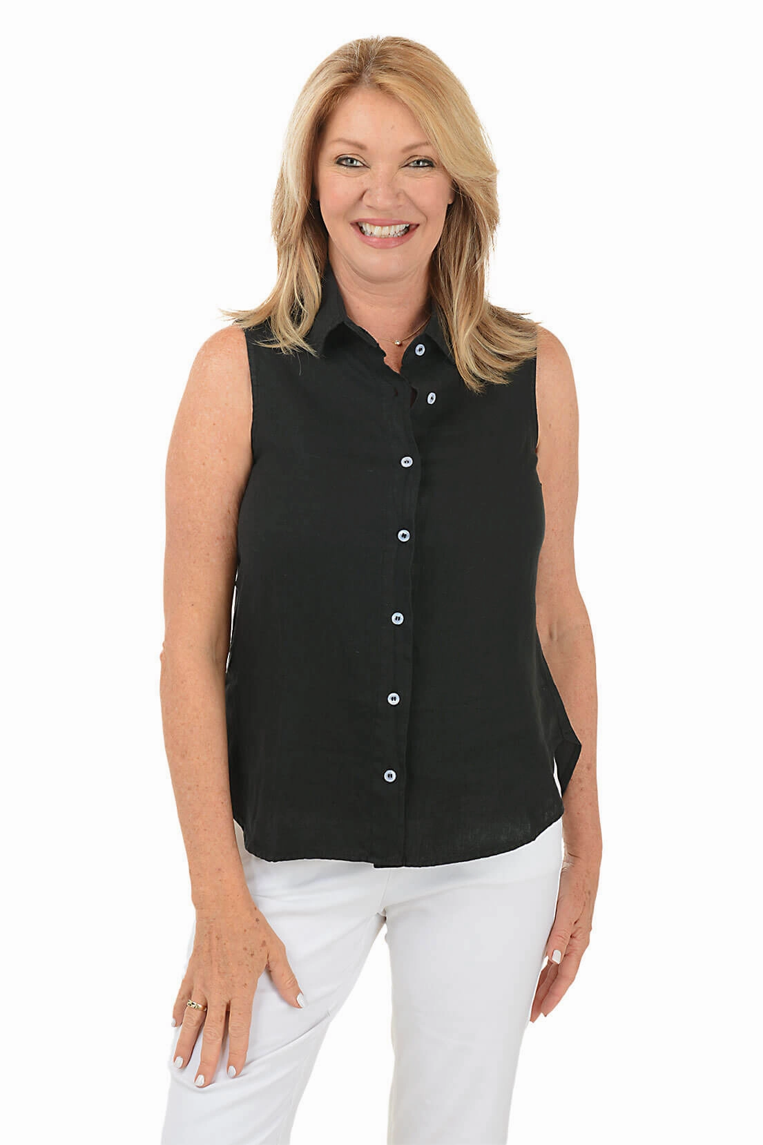 Stretch Woven Material Sleeveless Linen Button-Front Shirt