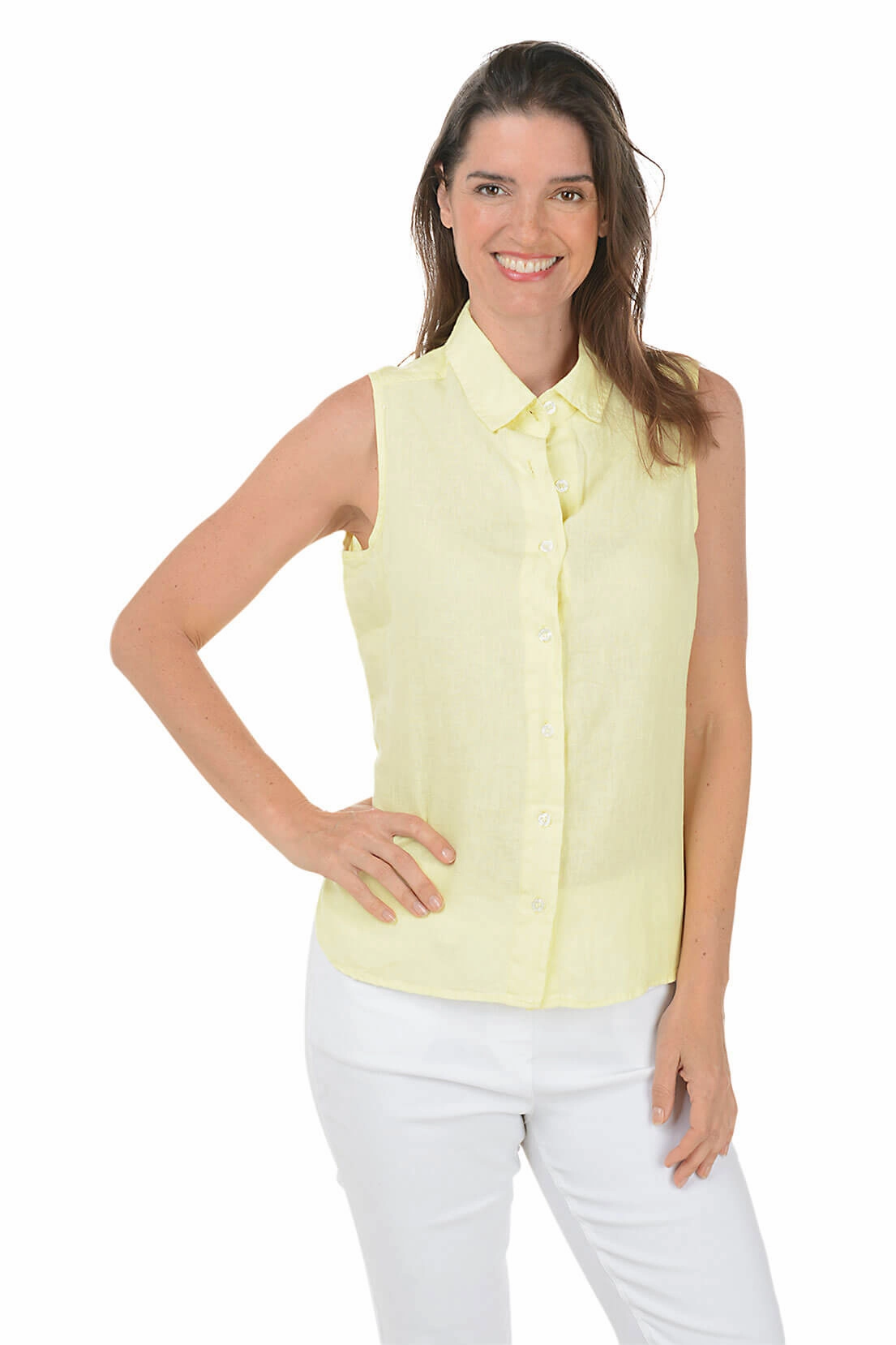 TailoredCut Smooth Zipper Integration Sleeveless Linen Button-Front Shirt