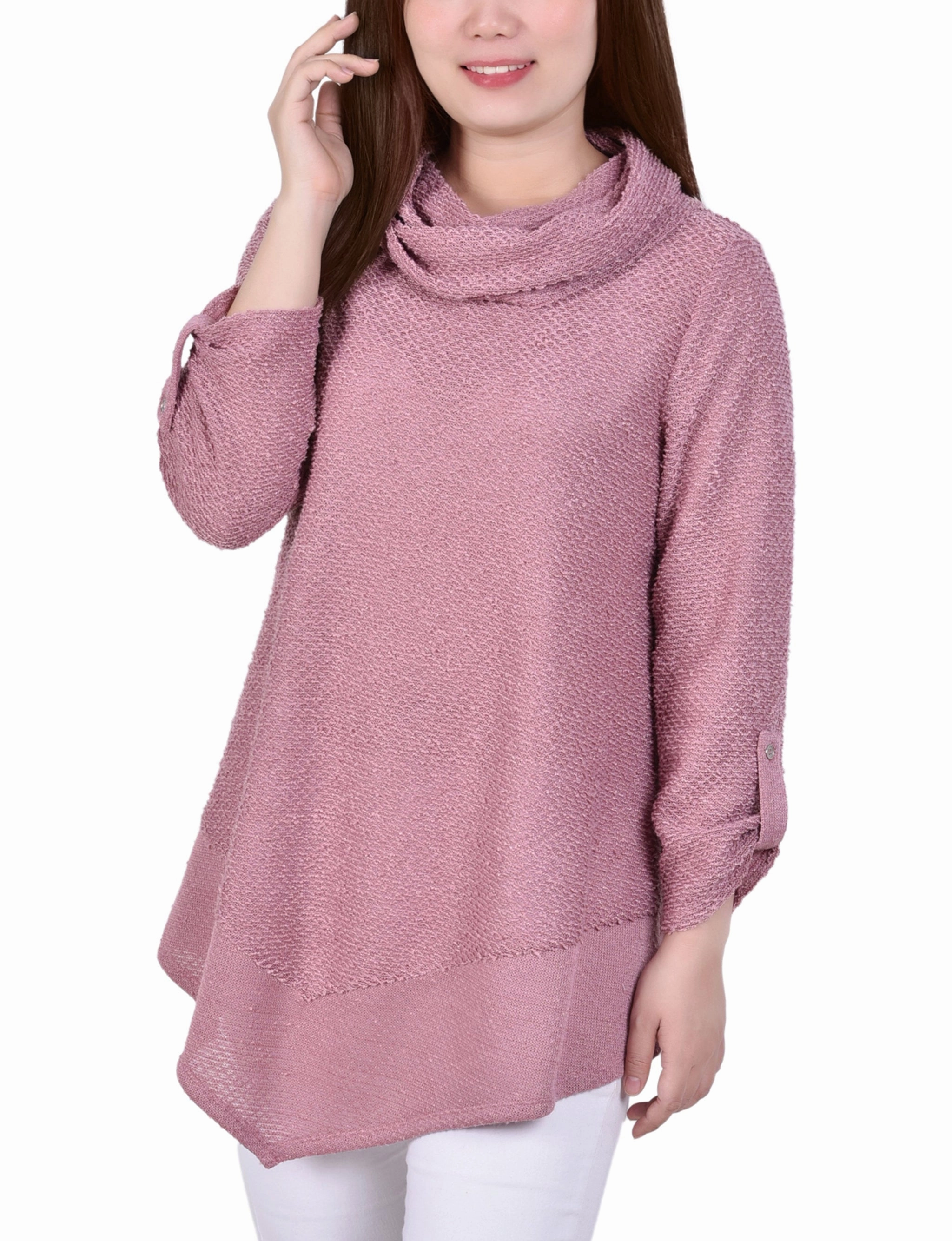 WrinkleResistant Long Roll Tab Sleeve Nubby Cowl Neck Top