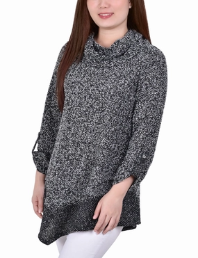 Long Roll Tab Sleeve Nubby Cowl Neck Top Buttonless Closure QuickRelease