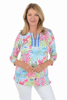 Flower Blossoms UPF50 Split Neck Tunic Seamless Knit Design All Over Print Technique