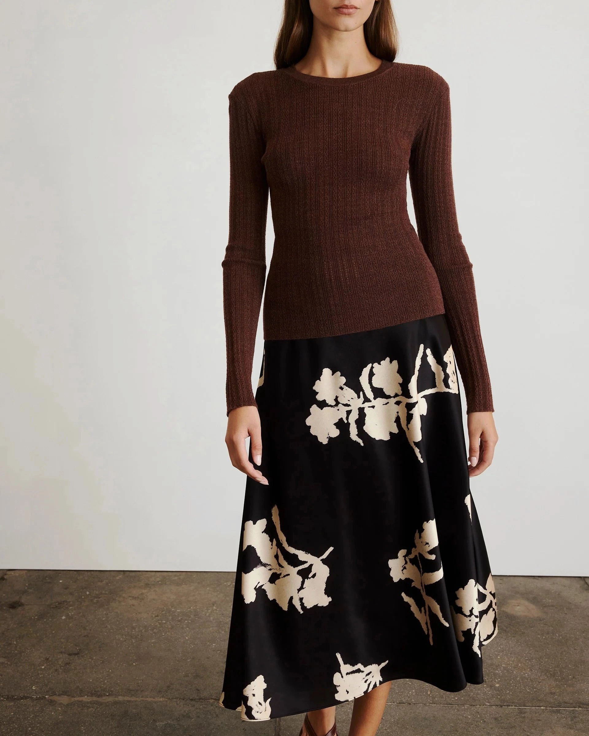 Crew Neck Kayden Knit Top Chocolate Melange TwillWeave Stylish T-shirt