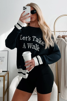 "Let's Take A Walk" Lightweight Knit Sweater (Dark Navy/White) Loose Blouse