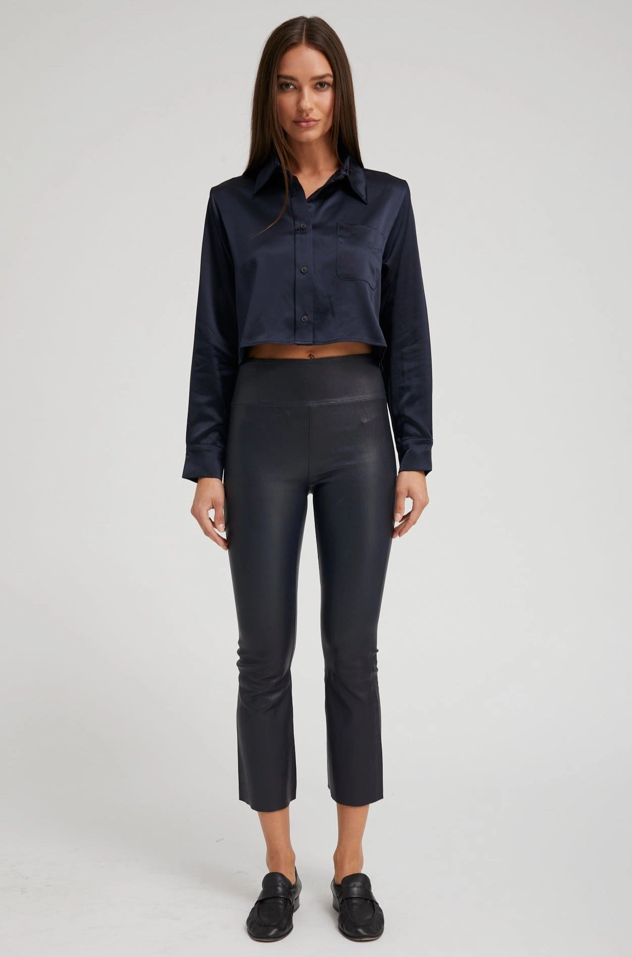 Navy Leather Crop Flare Stretch Panels Quick Dry Minimalist Style