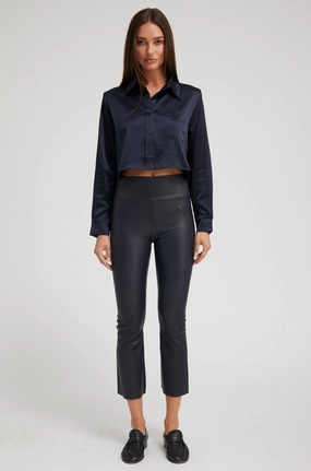 Navy Leather Crop Flare Stretch Panels Quick Dry Minimalist Style