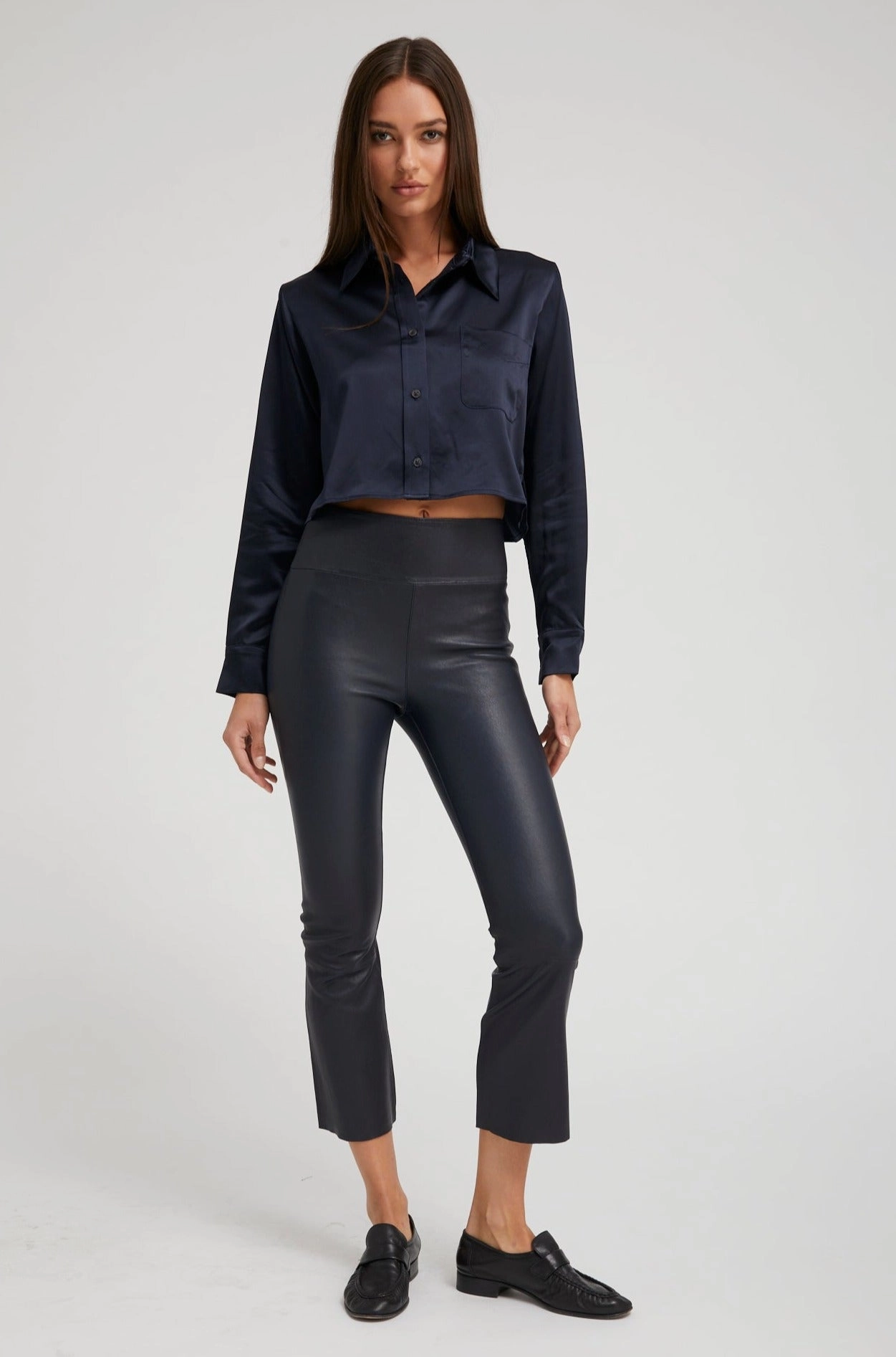 Casual Wearer School Sports Body Shaping Budget Friendly Navy Leather Crop Flare