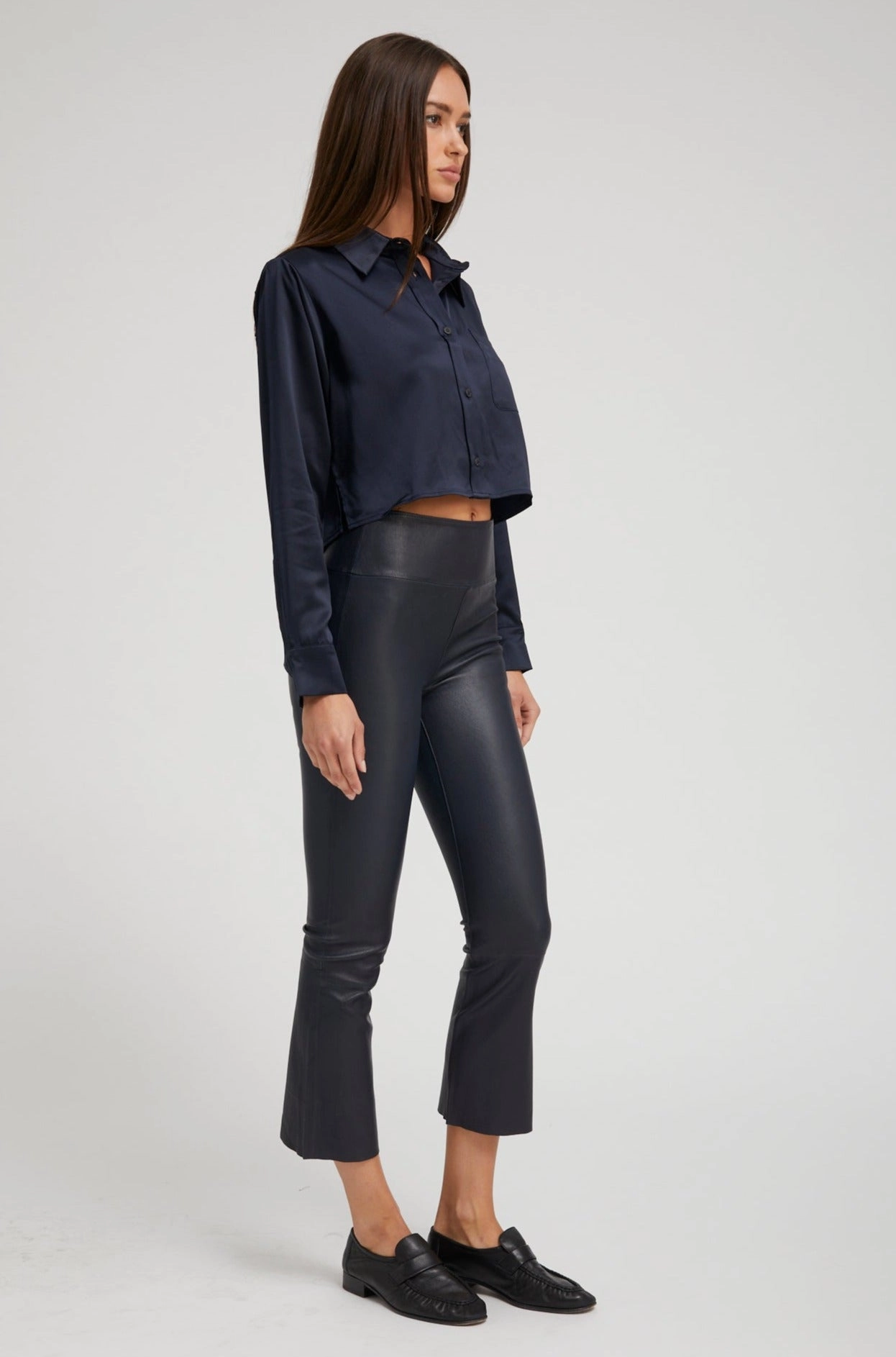 Matte Finish Stylish Stretch Wear Navy Leather Crop Flare
