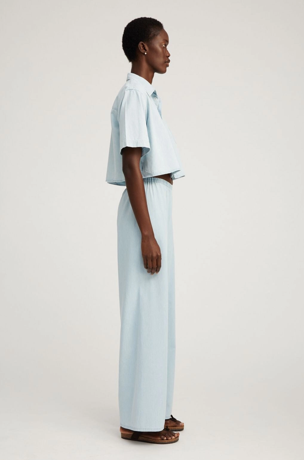 Textured Weave Pattern WrinkleResistant Cloth Light Blue Chambray Short Sleeve Cropped Button Down