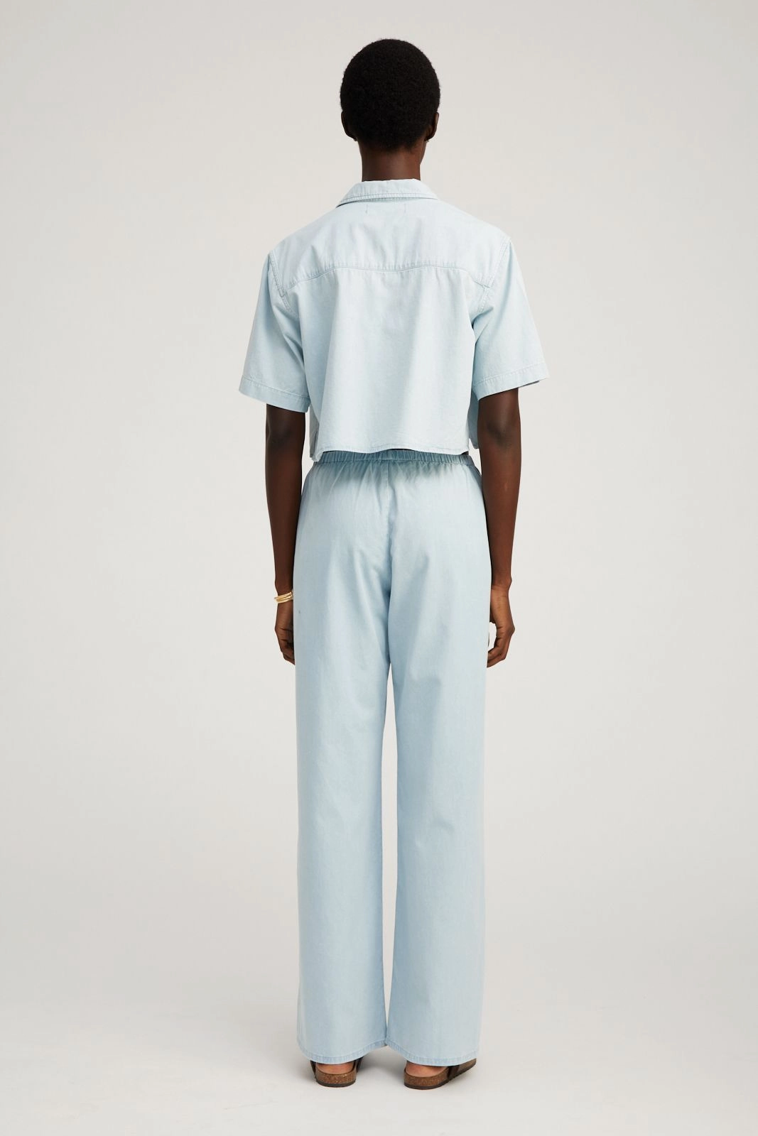 Light Blue Chambray Short Sleeve Cropped Button Down GarmentDyed