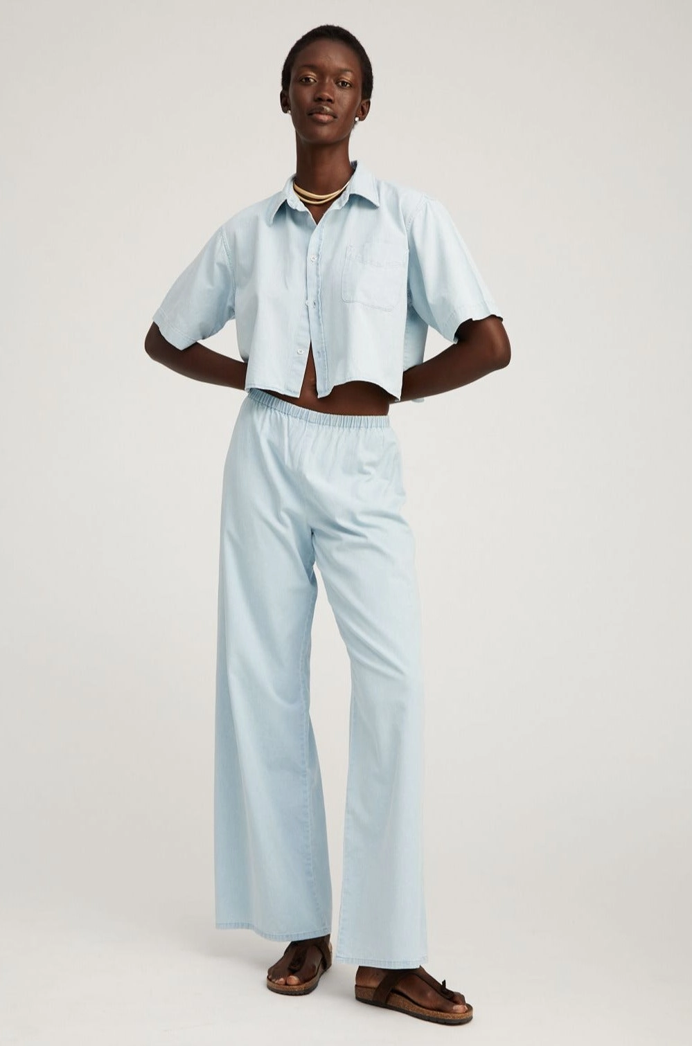 Layered Placket Design DropShoulder Light Blue Chambray Short Sleeve Cropped Button Down