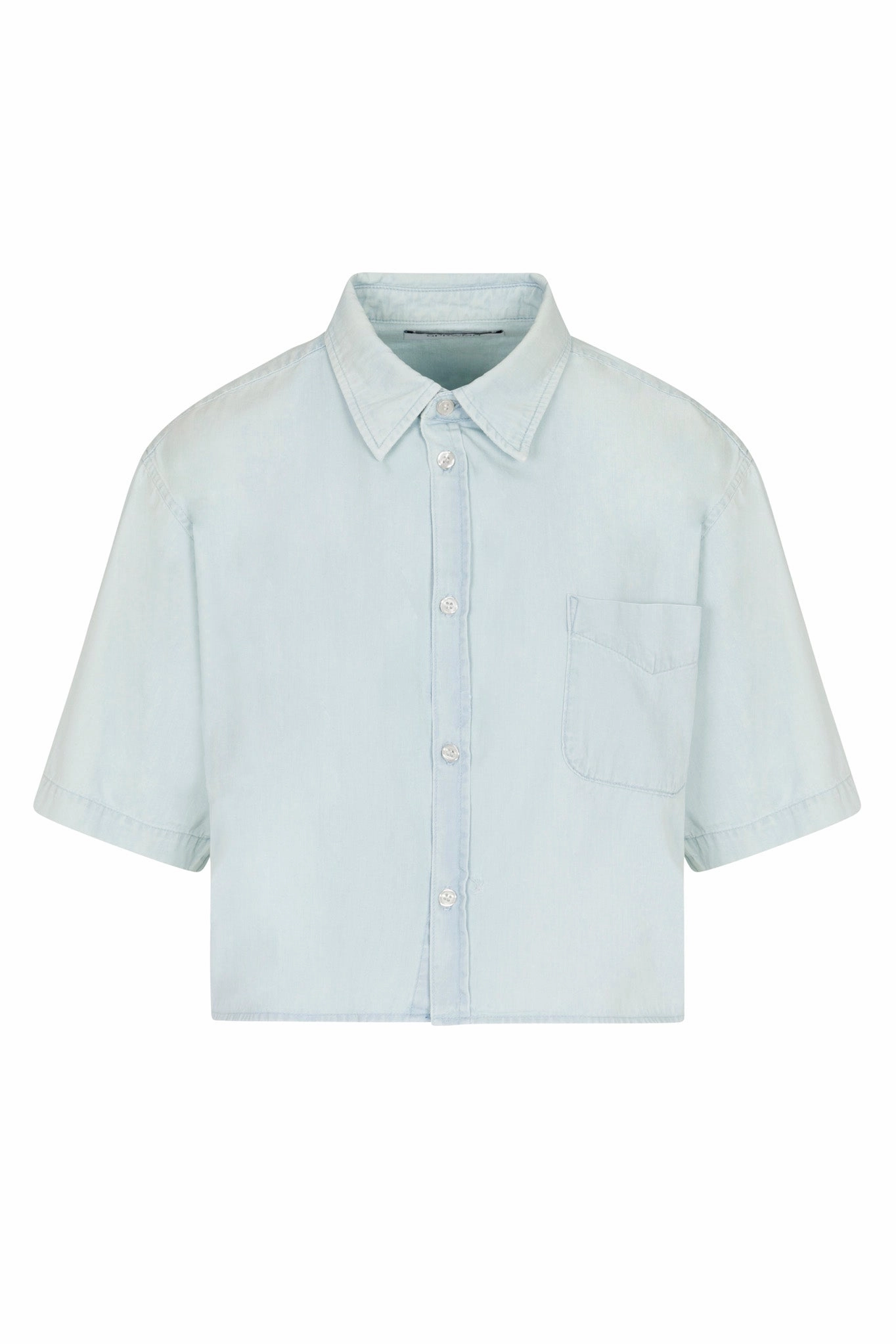 Light Blue Chambray Short Sleeve Cropped Button Down All-Purpose Wear Reinforced Shoulder