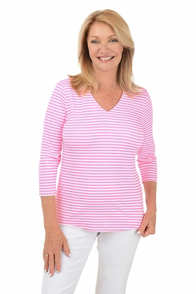 Pink Striped Classic UPF50  V-Neck Top Ventilated Back Panels