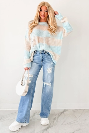 Ventilated Side Panels MoistureWicking The Soft Life Signature 8 Striped Knit Pullover (Blue/Tan)