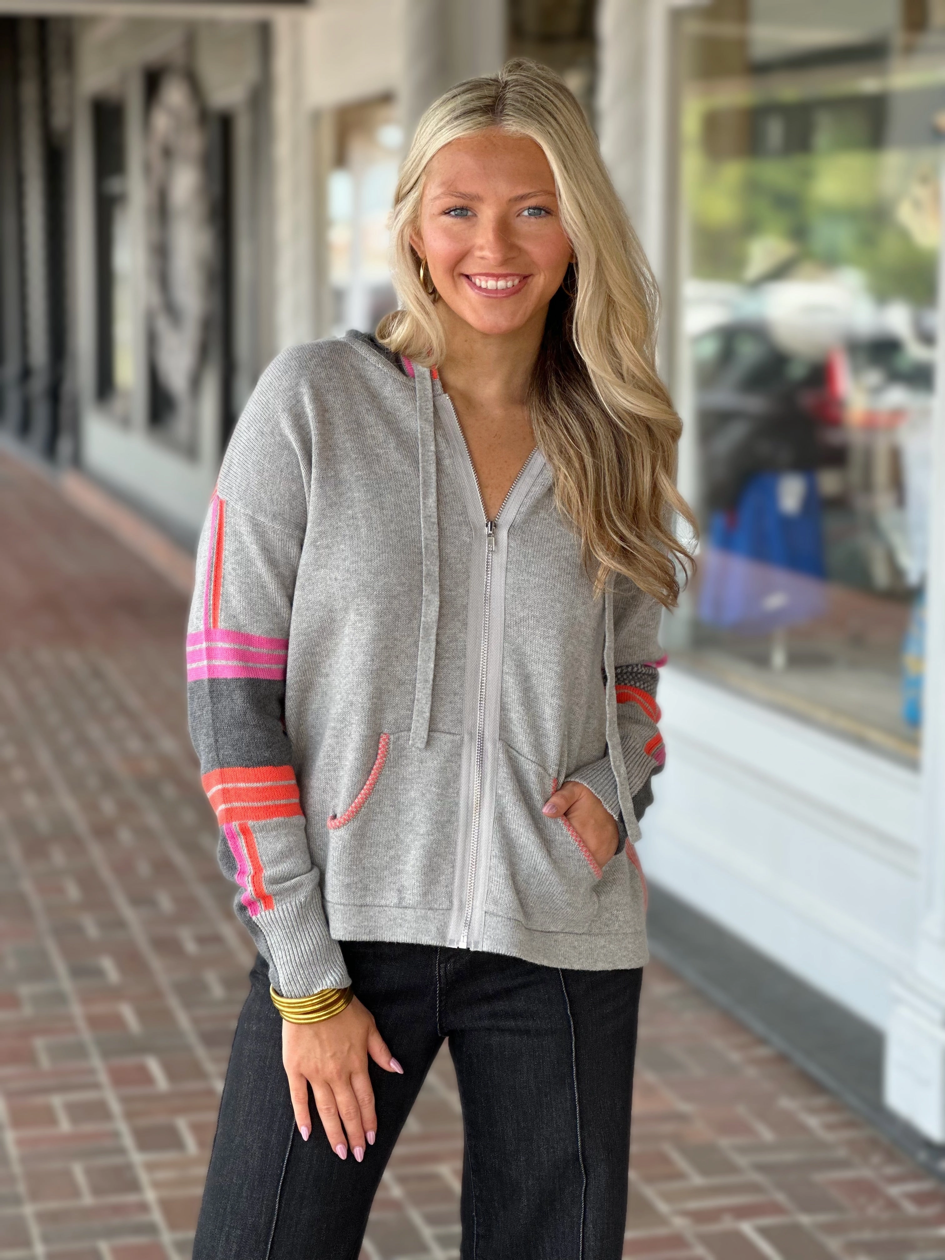 RibbedTrim Mixed Media Hoodie in Marl