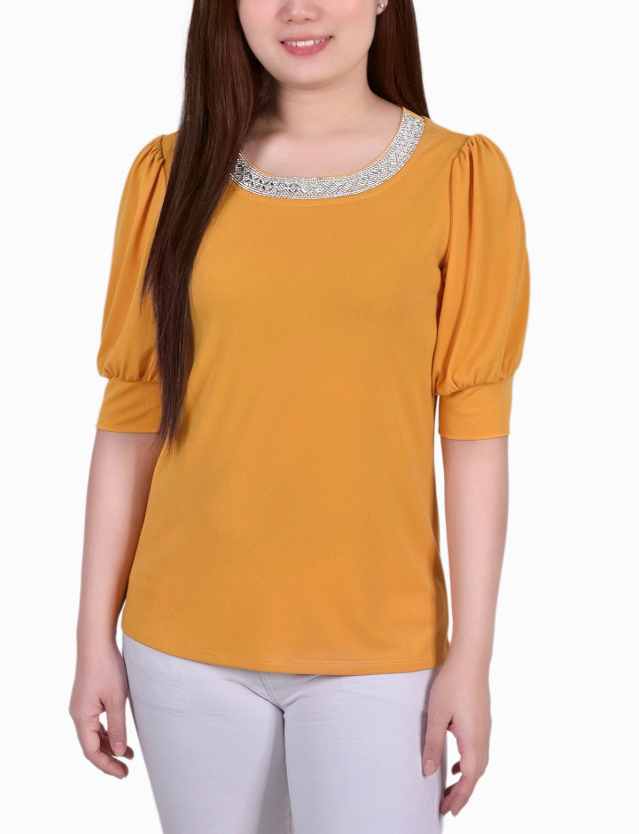 LightweightLayeredFabric Convertible Style Short Beaded Puff Sleeve Top