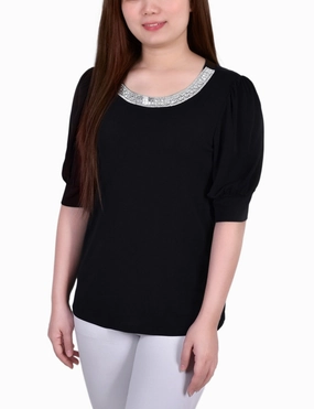 RelaxedSilhouette Short Beaded Puff Sleeve Top